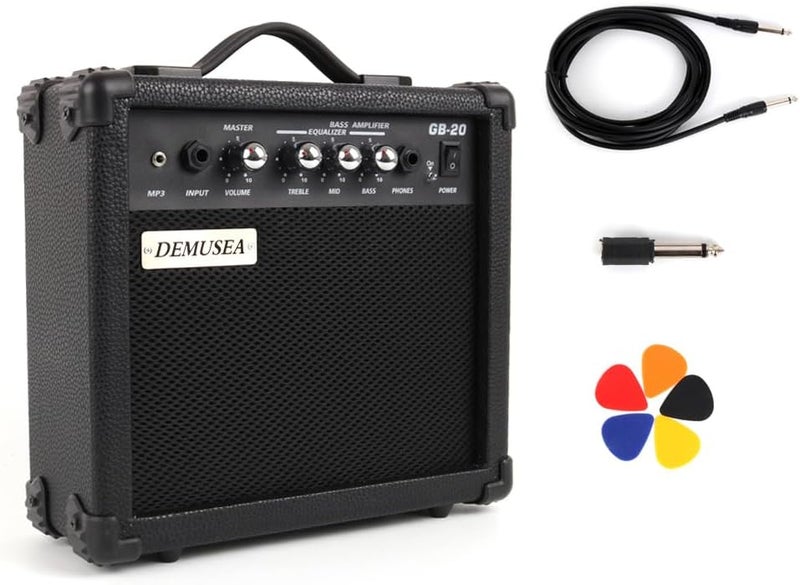 demusea 20W Watt Electric Bass Guitar Black Amplifier Portable Travel Mini Practic Amp Headphone Jack Aux Treble Middle Bass Mp3 with Cable Adapter Guitar Picks in - Image 1